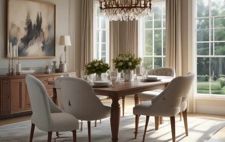 a dining room with a chandelier and a chandelier