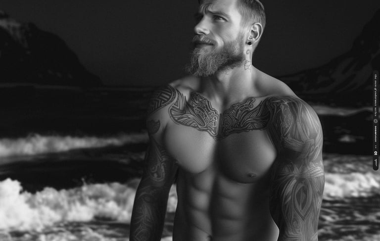 Imagen en blanco y negro de un hombre sin camiseta en el borde del mar.