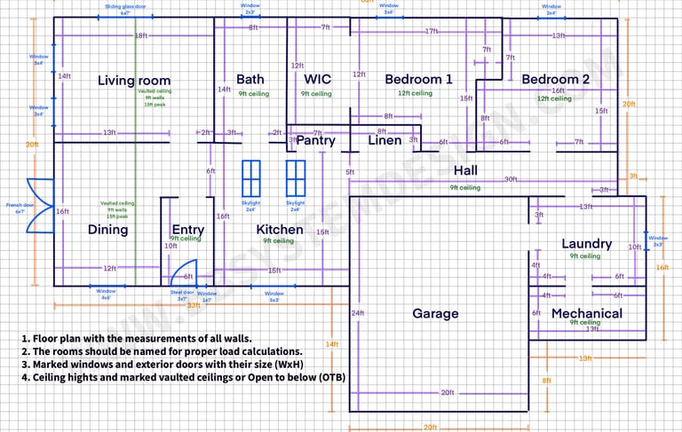 Example floor plan and information needed for Manual JDS (duct design).