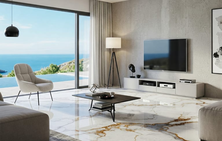 luxury living room with metallic epoxy with marble efect