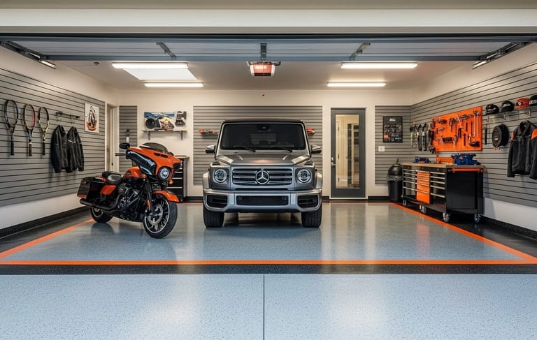 Modern Garage featuring a clean polyaspartic epoxy floor, wall-mounted tools, and organized storage.