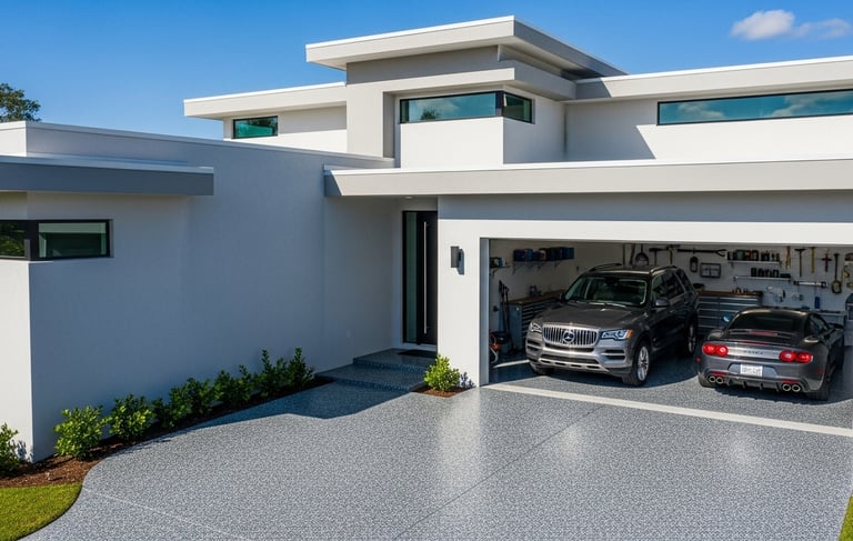 Modern home with two car garage and polyaspartic driveway