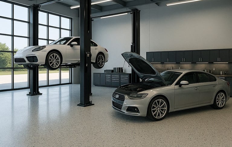 mechanic garage with durable flake epoxy 