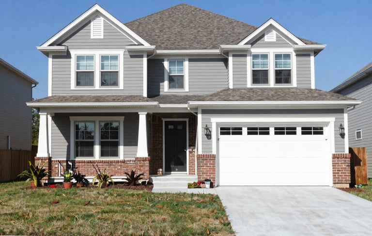 Modern white two-story garage apartment with black trim, double bay doors, and a covered carport.