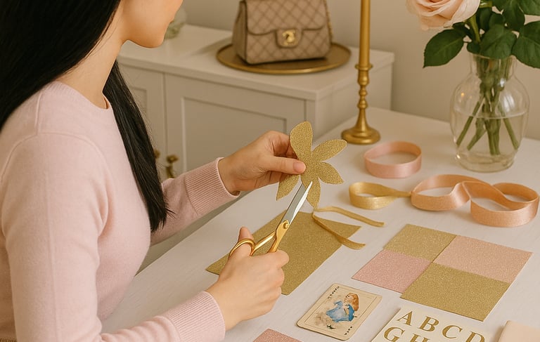 a woman is sitting at a table crafting party decor