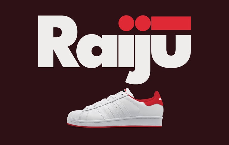 Raiju brand logo on dark red background with a white shoe underneath