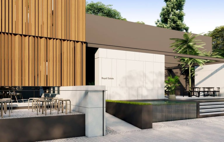 Bangunan modern dengan detail arsitektur berupa bilah-bilah kayu vertikal dan panel dinding berwarna