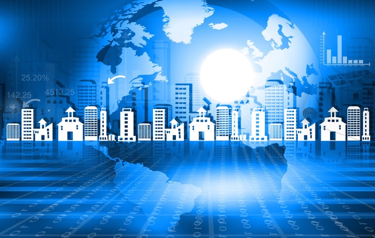 City with Globe and Sun in Background