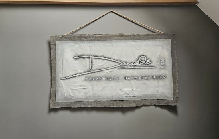 Bedrijfslogo op een kalkverfdoek