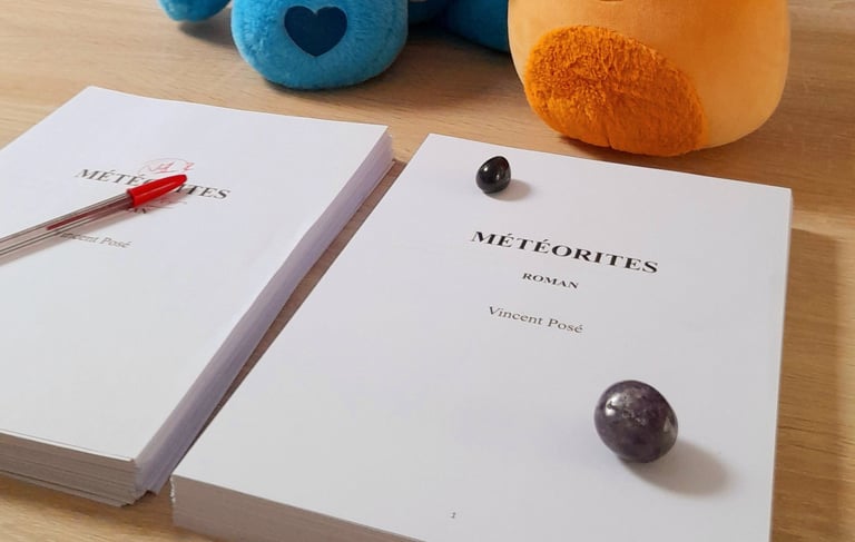 Le manuscrit définitif de Météorites, entouré de peluches