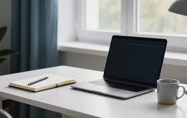 A professional and bright home office interior in Vilnius, Lithuania. A clean desk with a laptop, a designer notebook, and a ceramic mug. Soft morning light from a window, steel blue and pale grey accents in the decor. High-end, results-oriented, Northern European professional atmosphere.