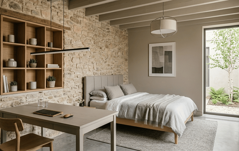 Modern bedroom with stone accent wall, minimalist desk, and neutral decor.