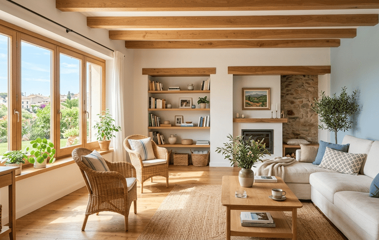 Rustic living room with exposed wood ceiling beams, wicker chairs, and a white sofa.