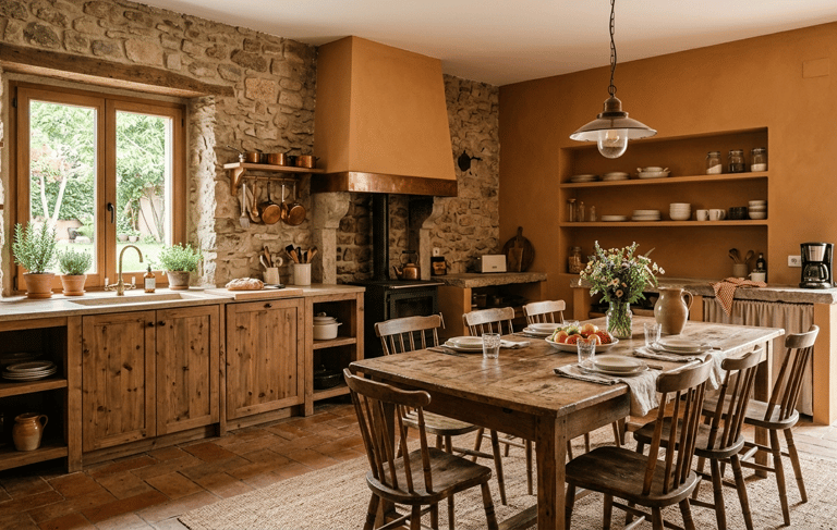 Rustic farmhouse kitchen featuring stone walls, wooden cabinets, and a large harvest dining table.