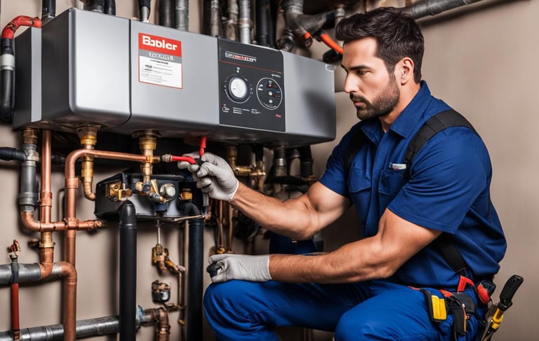 a man in a blue uniform is working on a gas stove