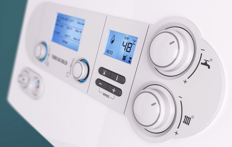 a white and blue control paneled in a white wall