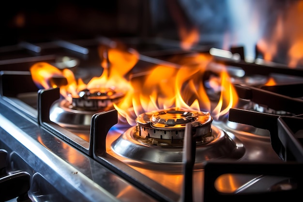 a stove top with flames on a stove top