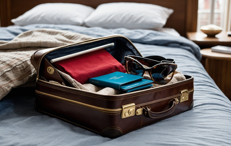 Travel Kits in a suitcase that is sitting on the bed.