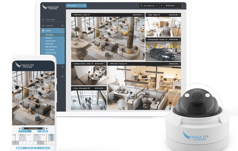 Eagle Eye Networks cloud-based video surveillance system displayed on desktop and mobile devices, showcasing live video.