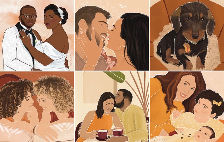 Illustrations portraits personnalisés : couple, famille, anniversaire, mariage, noël, idées cadeaux