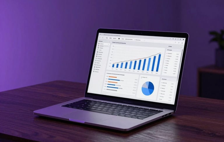 A high-end, minimalist North American office setting featuring a sleek laptop on a dark wood desk. The screen displays professional data-driven marketing charts. The lighting is low and sophisticated with soft violet and deep purple ambient glows illuminating the edges of the tech equipment.