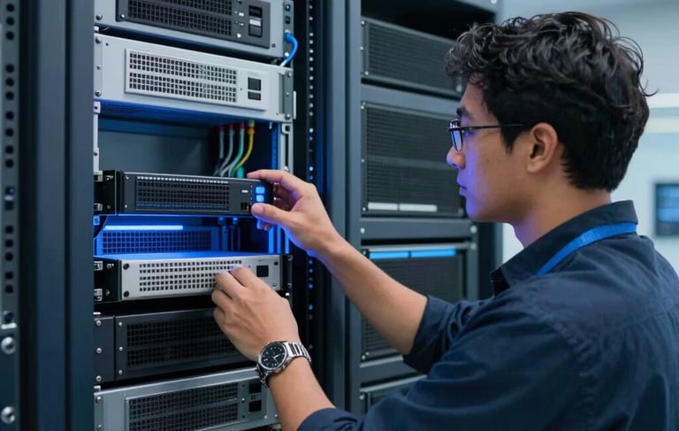 Professional photography of a high-tech network operations center in América Latina. A technician is inspecting a rack of routers and servers illuminated by soft blue light. The environment is modern and clean, symbolizing reliability and innovation, with a palette of dark blue, light blue, and white.