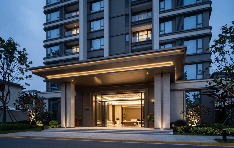 Clean and modern architectural shot of a high-end South American residential building entrance, professional evening photography with soft light blue and dark blue ambient lighting, reflecting reliability and premium management.