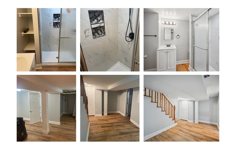 photos of a new bathroom and newly finished basement in a rental property