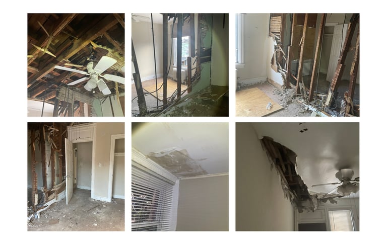 a series of photos from a fire damaged house