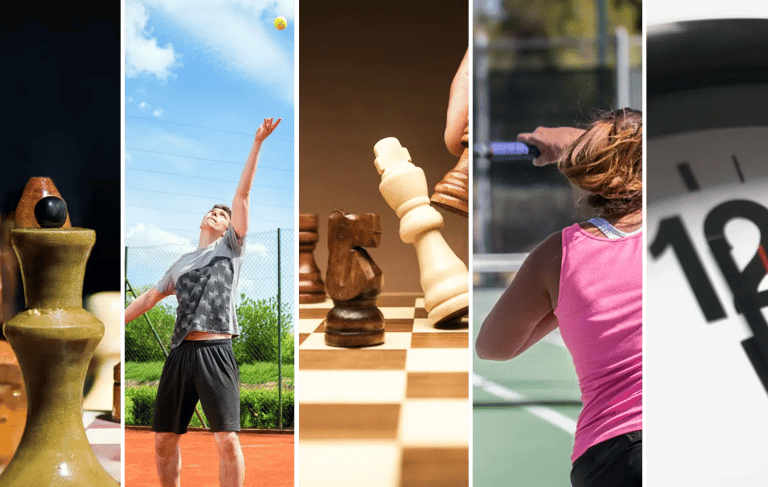a collage mixing chess and tennis actions