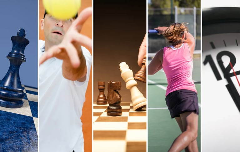 a collage mixing chess and tennis actions