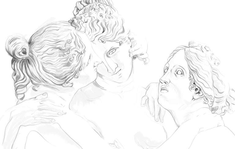 Rysunek digitalowy przedstawiający Trzy Gracje