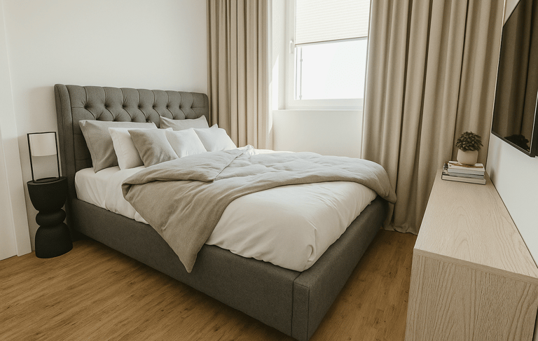 a bed with a large bed and a television