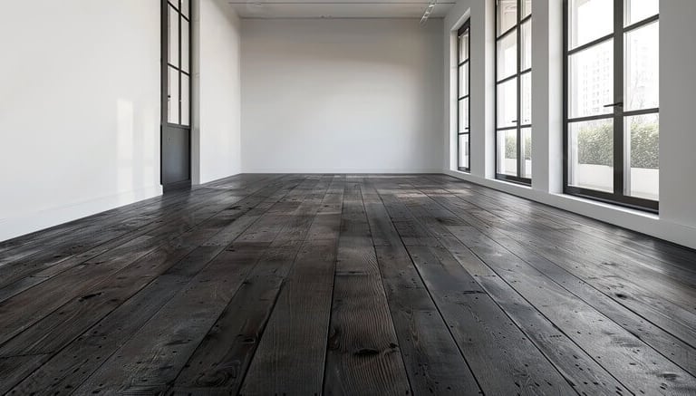 Instalación de tarima flotante en un salón moderno con acabados en madera oscura