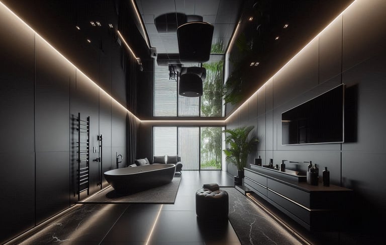Spiegelspanndecken schwarz Hochglanz im Wohnzimmer in Karlsruhe