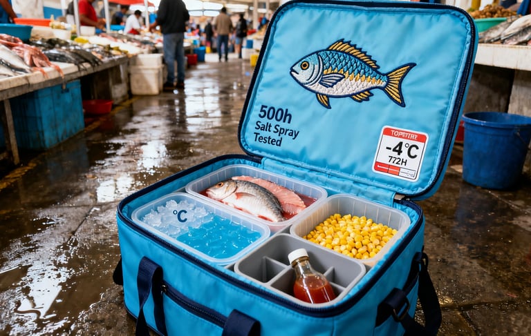 insulated delivery bag in real work in a seafood mall