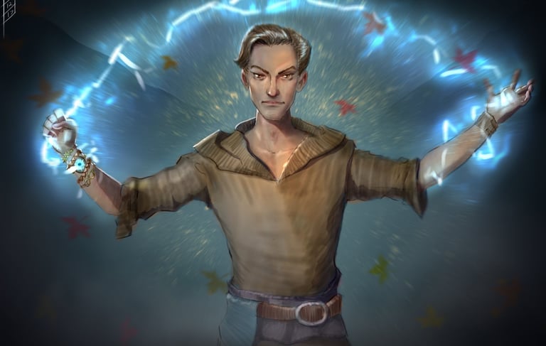 a man with a ring of blue lightning emanating from his hands