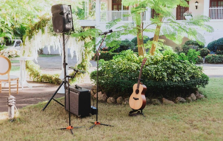 Outdoor live acoustic music setup for wedding ceremonies in Tasmania.