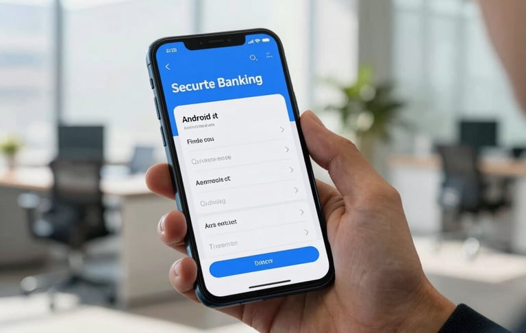 A crisp, high-quality photograph of a professional in a modern North American office setting holding a sleek Android smartphone. The screen displays a secure banking app interface with blue and white accents. The background is a bright, sunlit corporate interior with soft-focus furniture. The lighting is clean and natural, emphasizing a sophisticated and secure financial environment.