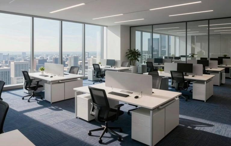 A clean, high-angle wide shot of a modern tech-forward office interior in a North American / International city during daytime. The composition features minimalist furniture in off-white, large glass windows reflecting soft light blue sky, and a professional workspace that embodies innovation. The lighting is bright and airy with deep dark blue shadows providing a sophisticated contrast.