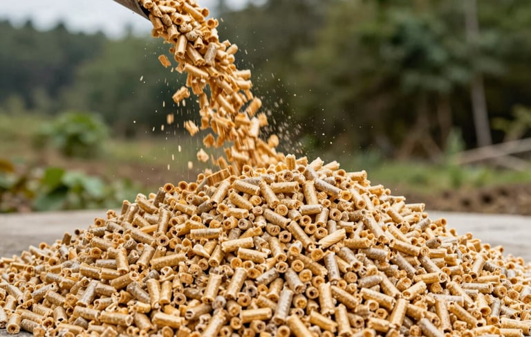 High-quality ENplus A1 wood pellets pouring into a clean pile, showing consistent shape and bright golden-brown color