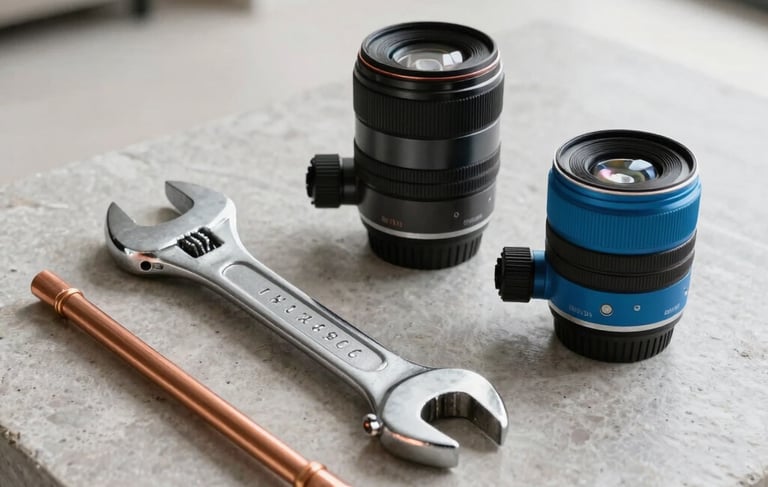 A high-end, clean photograph of professional plumbing equipment, including a chrome wrench and copper pipes, neatly arranged on a light grey stone surface. Soft daylight illuminates the scene in a modern Western European / French architectural setting. Colors include shades of charcoal and ocean blue.