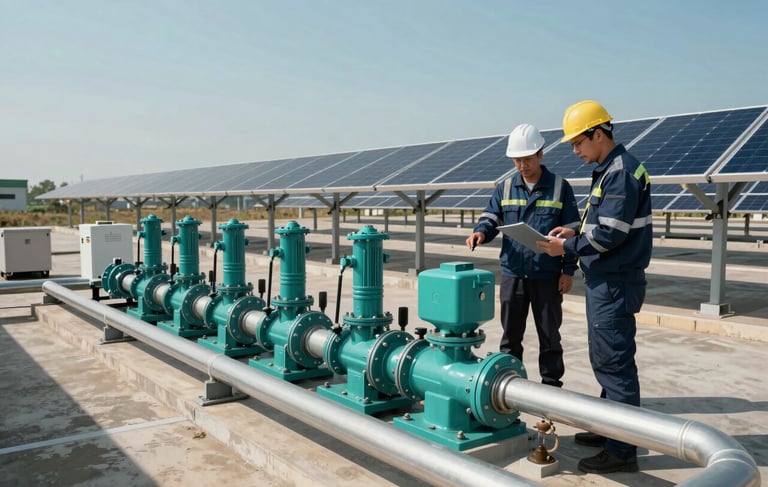 A wide photography shot of a professional engineer in professional attire inspecting a large-scale solar-powered water pumping station in a sunlit International / Professional environment. The scene features clean lines of solar panels and polished steel pipes against a clear sky, using a palette of dark teal, muted cyan, and light grayish blue.