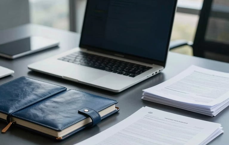 A high-end professional desk setting in a modern South American / Brazilian office. On the desk, a slim laptop, a leather-bound planner, and a neat stack of white business documents. The lighting is soft and natural, coming from a large window. The color palette features deep navy and slate blue accents, conveying efficiency and organized administrative support.