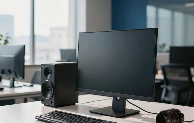 Professional South American / Brazilian office setting with a bright and modern tele-attendance workspace. A clean desk featuring high-end communications equipment, with soft morning sunlight filtering through large windows. The background is a blurred office interior in navy blue and steel blue tones, conveying reliability and efficiency.