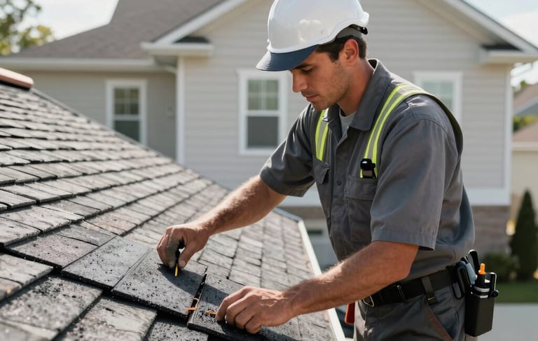 High-quality photography of a professional roofing contractor in a slate gray uniform and safety gear, meticulously examining the asphalt shingles on a modern residential roof in a North American suburb. The lighting is bright and clear morning light, emphasizing professionalism and modern efficiency. The house in the background has off-white siding.