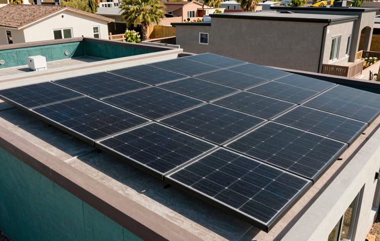 A professional photography shot of a modern residential rooftop in Avra Valley, Arizona, North American / US, featuring sleek black solar panels. The lighting is bright afternoon sun, reflecting the innovative and reliable mood of the business. The scene is clean and high-end, incorporating deep forest teal accents from the palette.