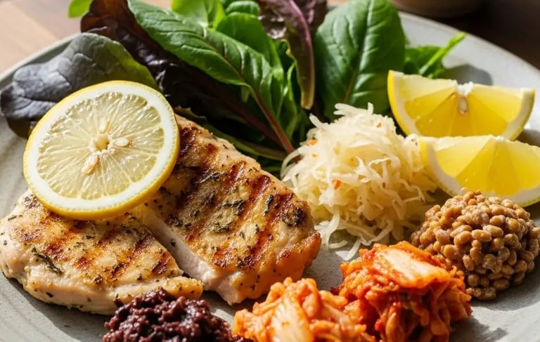 Delicious meal with salmon, greens, sauerkraut, natto, kimchi