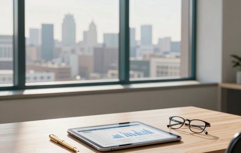 A minimalist, sunlit North American office interior with a large window overlooking a soft city skyline. On a light wood desk, a tablet displays a clean financial planning interface next to a gold pen and a pair of professional glasses. The scene is professional and calm, featuring off-white, dark teal, and gold accents.