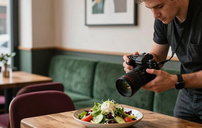 A high-end, cozy Scandinavian-style cafe interior in a North American / European city. A professional photographer is setting up a shot of a fresh artisanal salad on a rustic wooden table. The lighting is soft and natural. Accents of Deep Ripe Crimson and Matte Forest Green are seen in the upholstery and wall art. Sophisticated, approachable atmosphere.